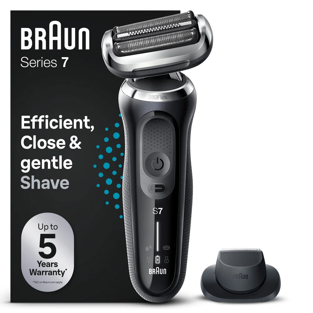 Braun Series 7 Rasierer mit Verpackung, bewirbt effiziente, gründliche & sanfte Rasur.