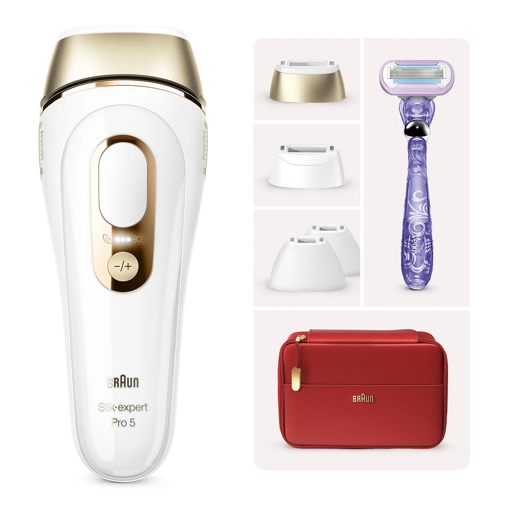 Braun Silk-expert Pro 5 IPL-Gerät mit Aufsätzen, Rasierer und Aufbewahrungstasche.