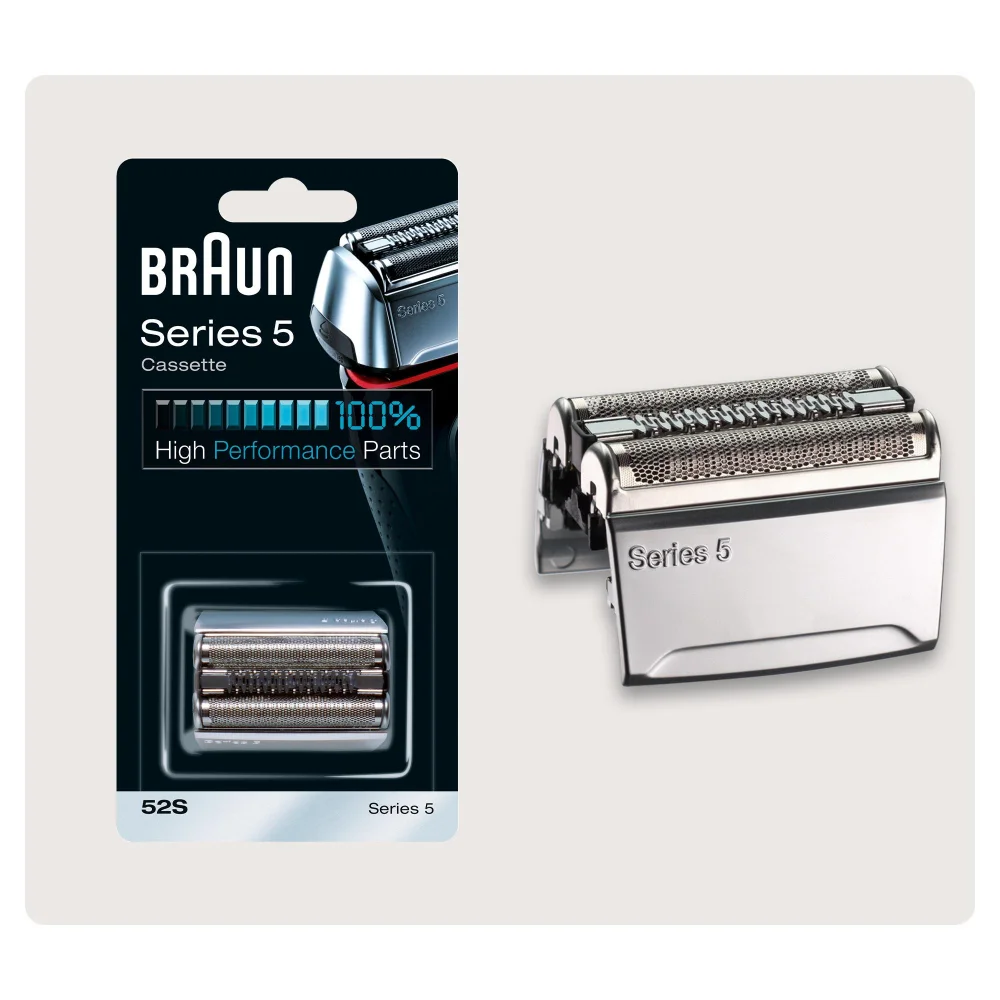 Braun Series 5 Scherkopf Kassette 52S und Verpackung mit „100% High Performance Parts“.