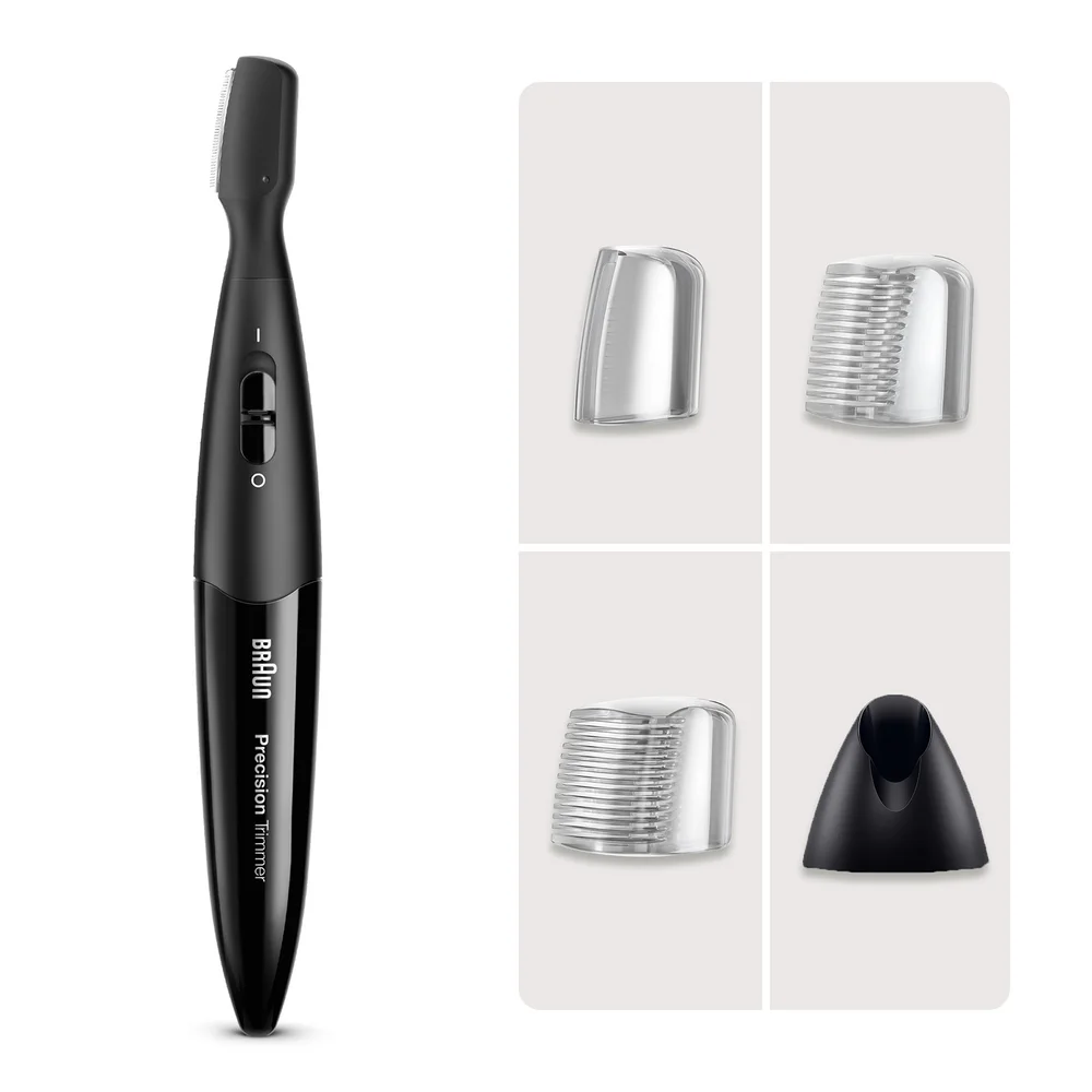 Braun Precision Trimmer mit verschiedenen Aufsätzen und Ständer.