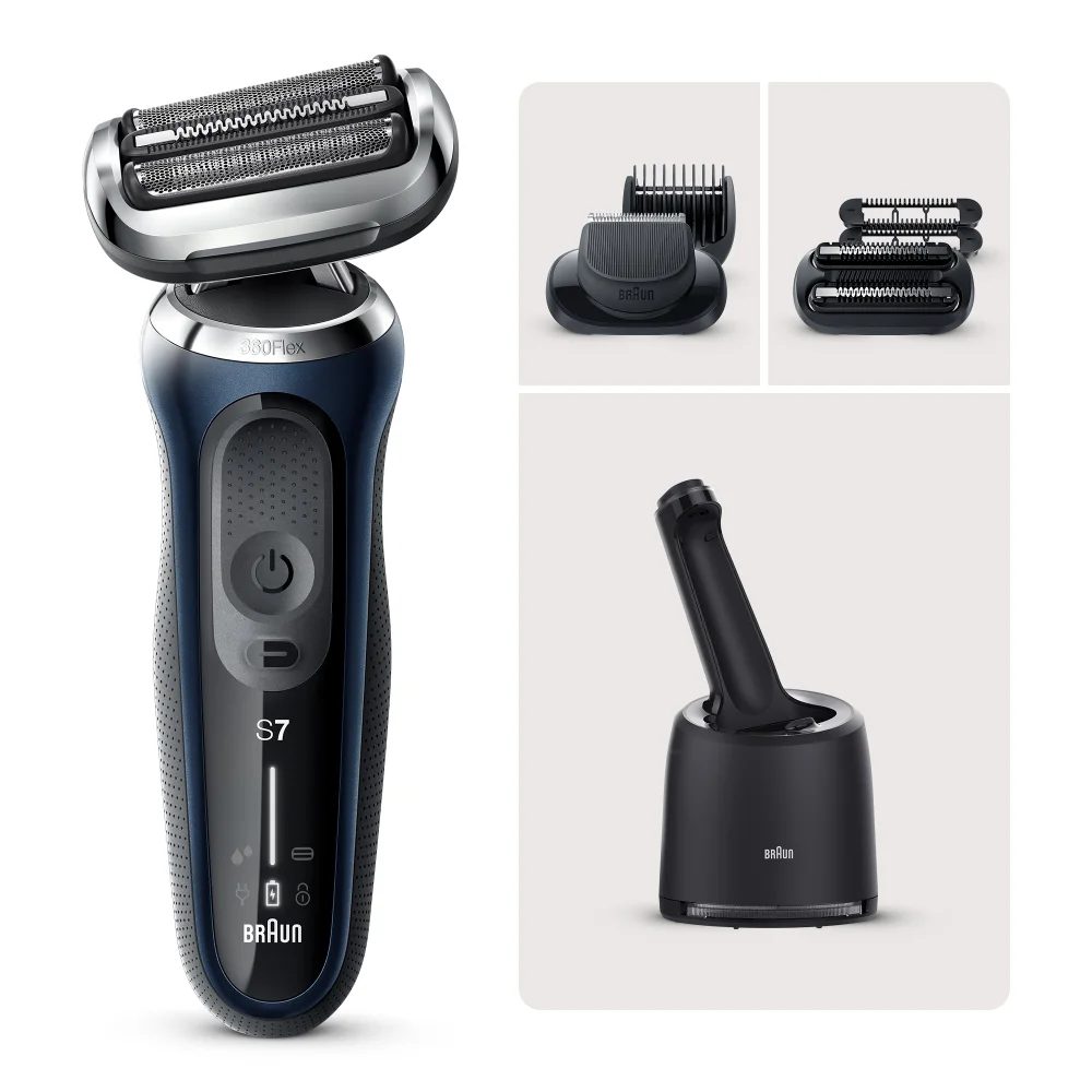Braun Series 7 71-B7850cc Elektrorasierer für Herren mit 2 EasyClick-Aufsätzen, Reinigungsstation, Blau Bild 1