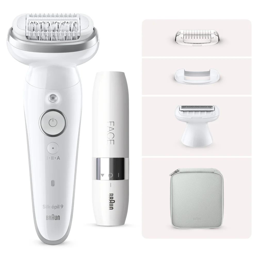 Braun Silk-épil 9 Epilierer mit Braun Face Gerät, Aufsätzen und Tasche.
