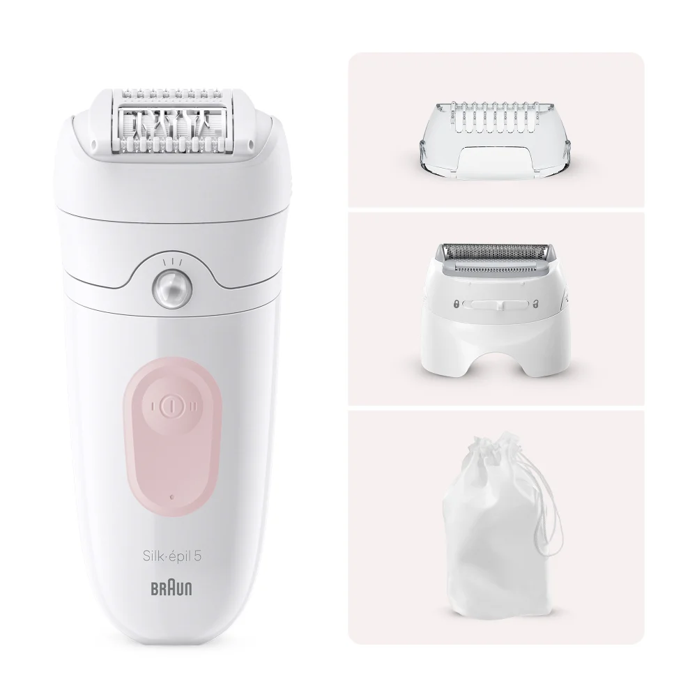 Braun Silk-épil 5 Epilierer mit Präzisionsaufsatz, Rasierkopf und Beutel.