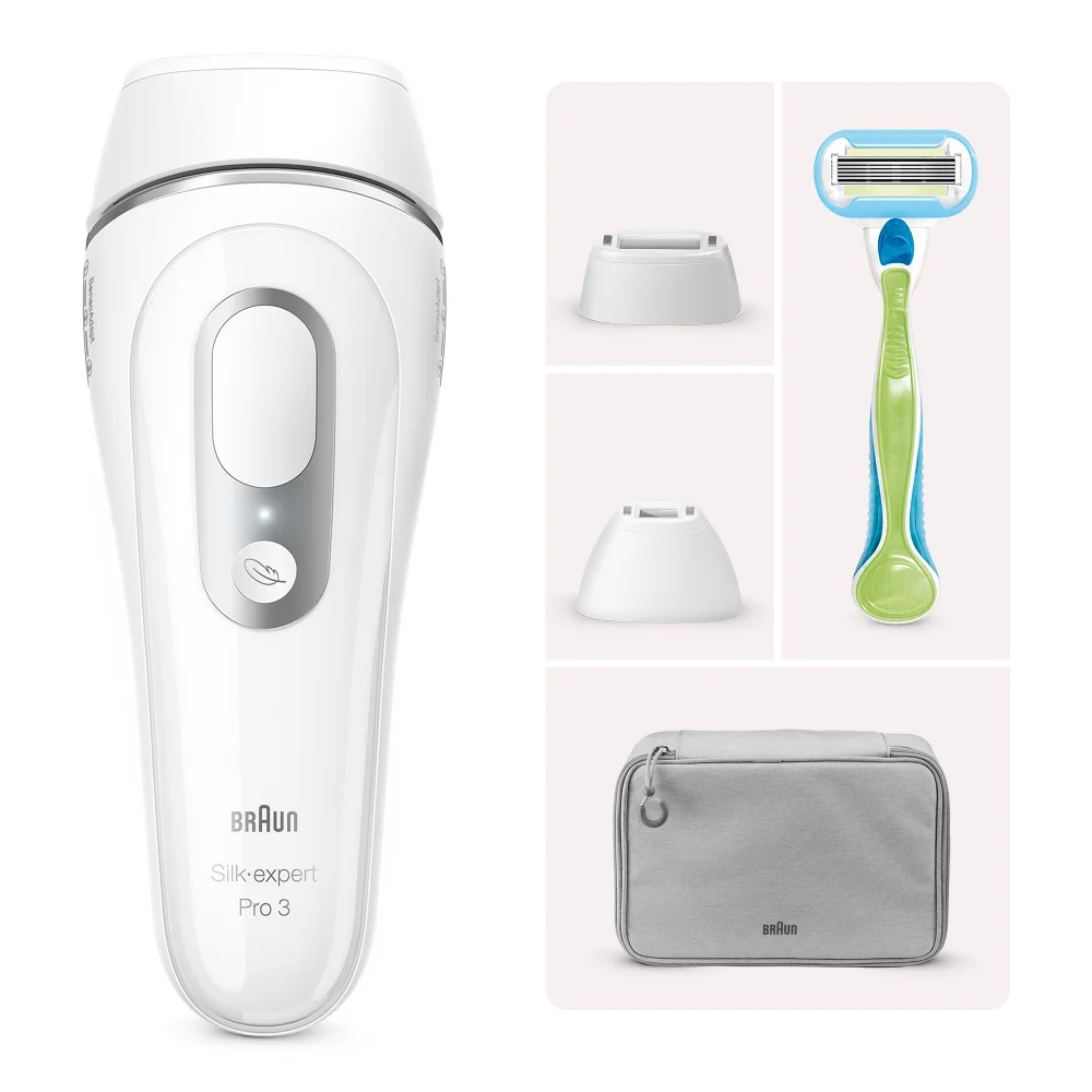 Braun Silk-expert Pro 3 IPL mit Präzisionsaufsätzen, Rasierer und Aufbewahrungstasche.