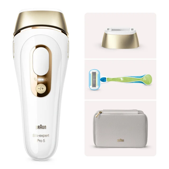 Braun Silk-expert Pro 5 IPL Gerät mit Ladestation, Rasierer und Reisetui.