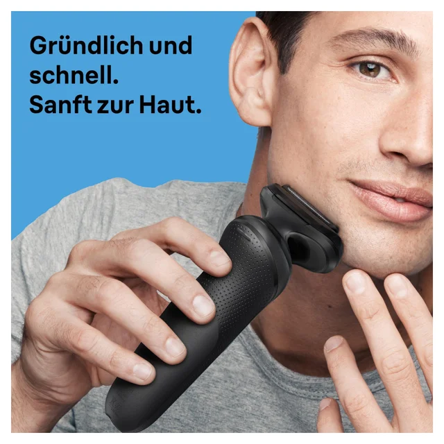 Mann rasiert sich mit Braun Rasierer. Gründlich, schnell und sanft zur Haut.