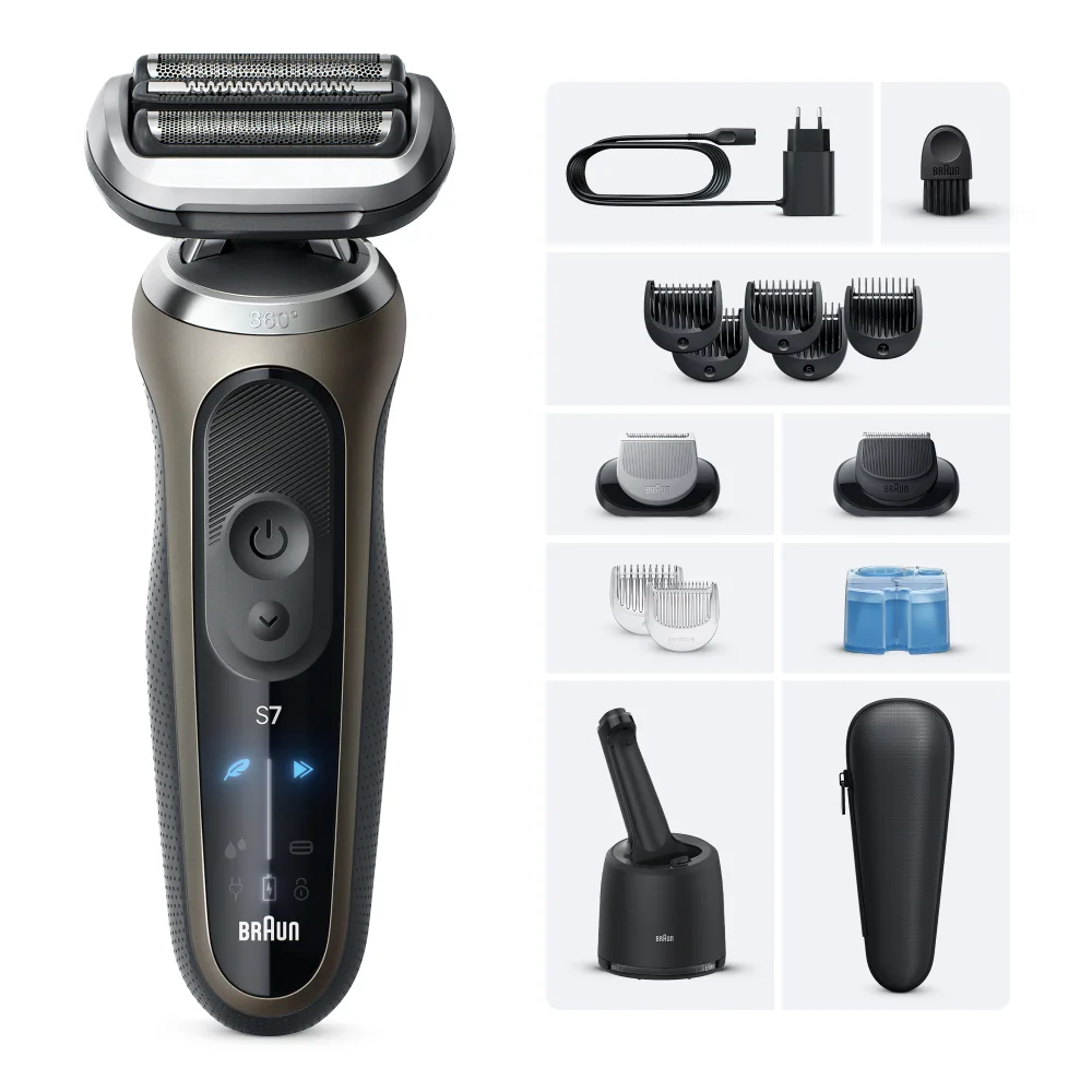 Braun Series 7 Rasierer mit Ladestation, Präzisionstrimmer und vielen Aufsätzen.