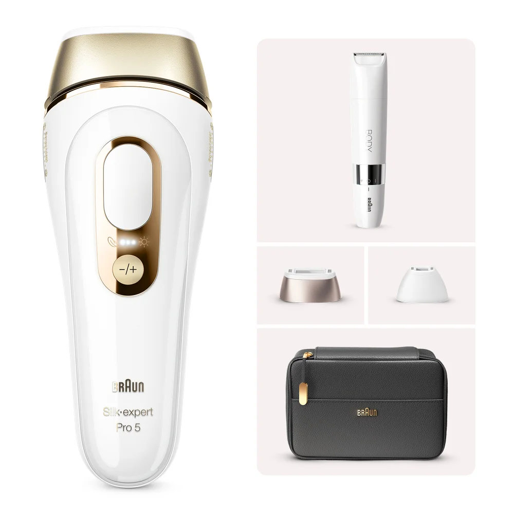 Braun Silk-expert Pro 5 IPL-Gerät mit Präzisionsaufsätzen, Body Shaver und Tasche.