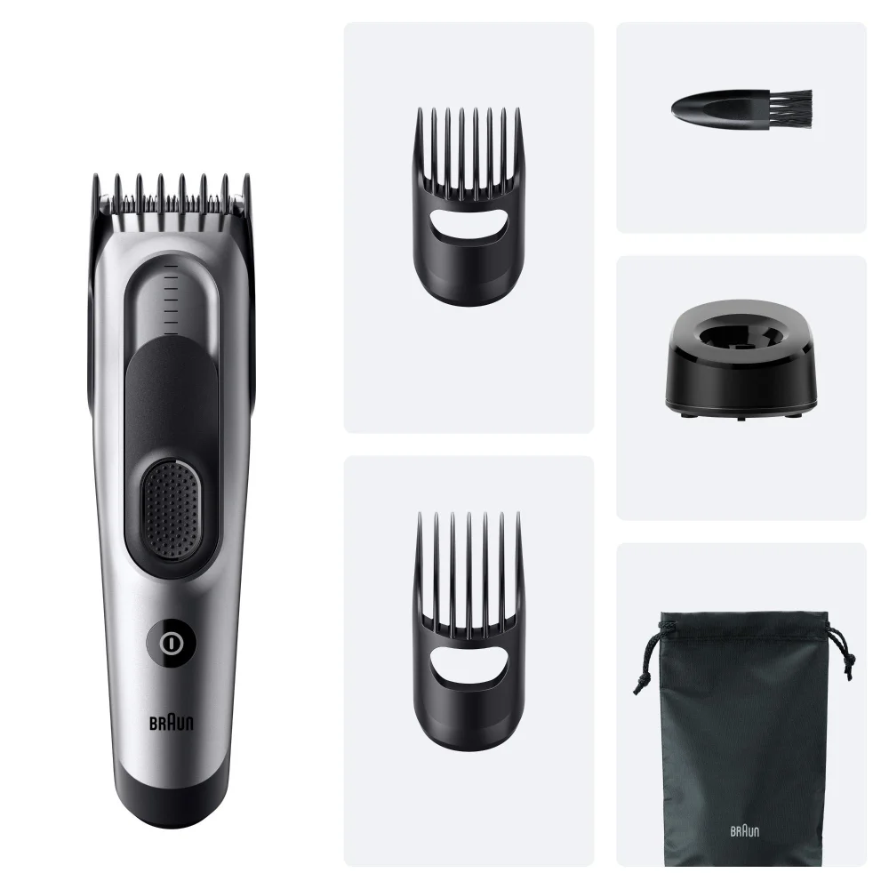 Braun Haarschneider und sein Zubehör, inklusive Kammaufsätzen und Ladestation.