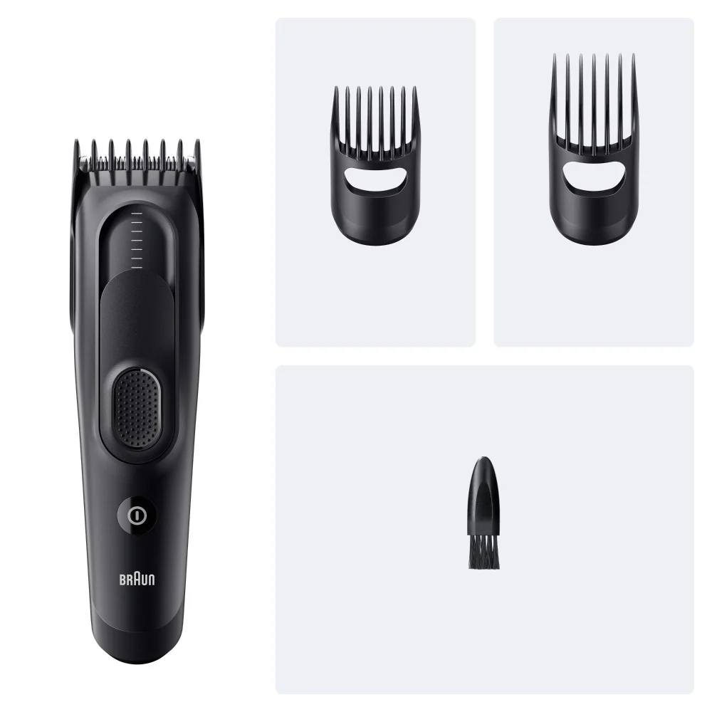 Braun Trimmer mit 2 Kammaufsätzen und Reinigungsbürste.