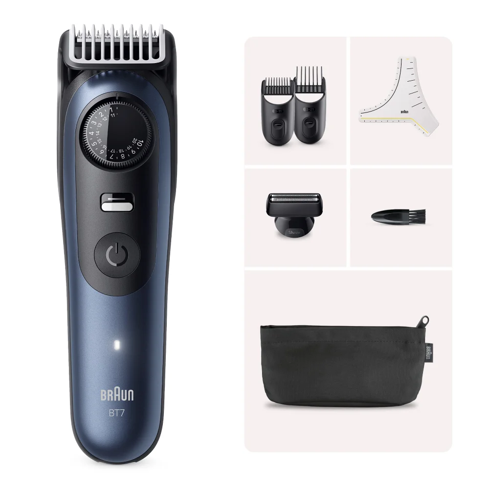 Braun BT7 Barttrimmer mit Präzisionsrad und umfangreichem Zubehörset.