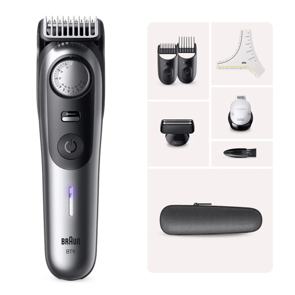 Braun BT9 Trimmer mit Präzisionsrad und vielseitigem Zubehör für Bartstyling.