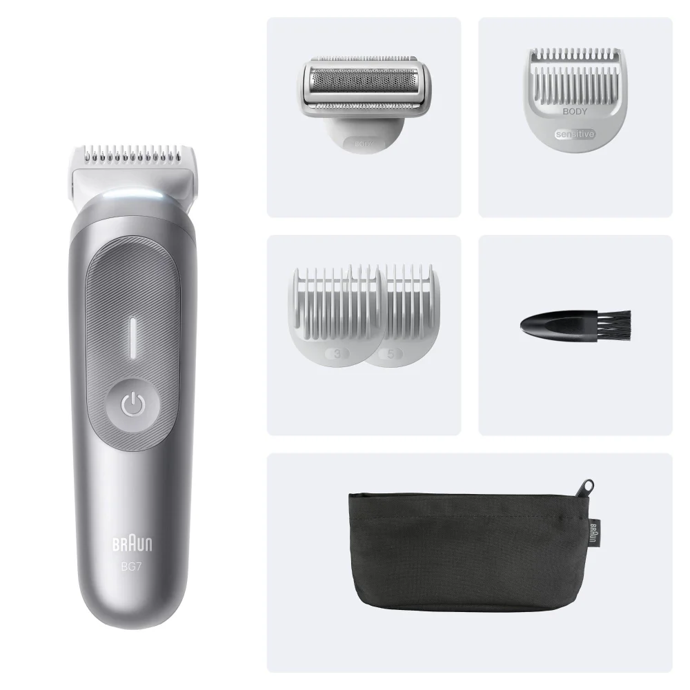 Braun BG7 Bodygroomer mit Rasierkopf, Kammaufsätzen, Reinigungsbürste und Tasche.