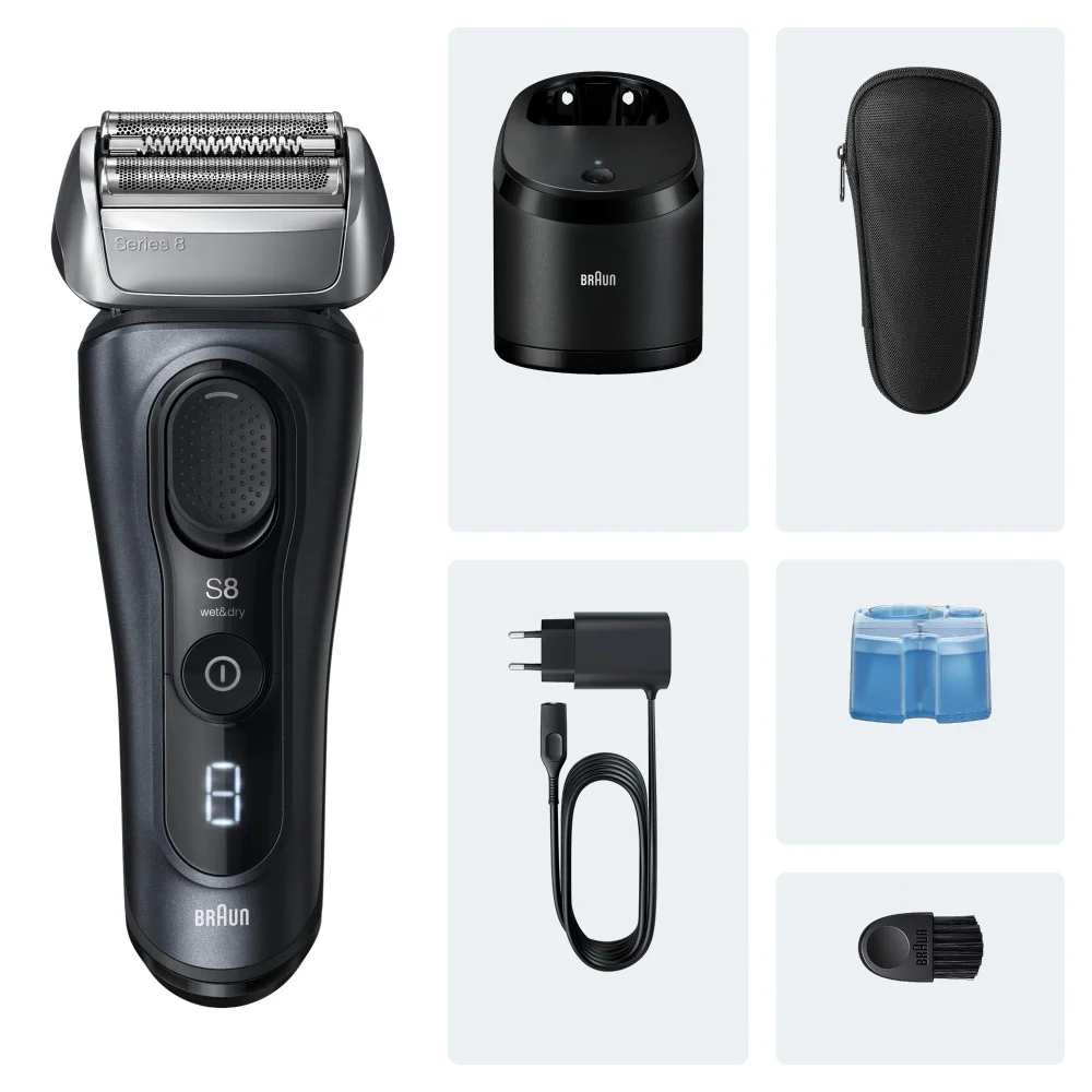 Braun Series 8 Rasierer und komplettes Zubehör-Set, inkl. Reinigungsstation und Etui.