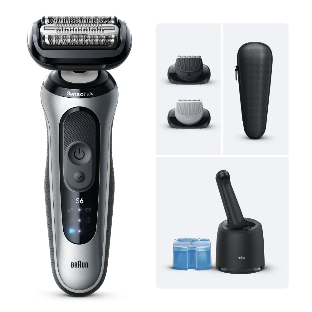 Braun Rasierer Serie 6 mit Zubehör, beworben für komfortable, gründliche & hautschonende Rasur.