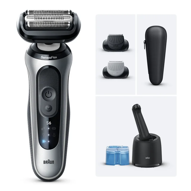 Braun Rasierer Serie 6 mit Zubehör, beworben für komfortable, gründliche & hautschonende Rasur.