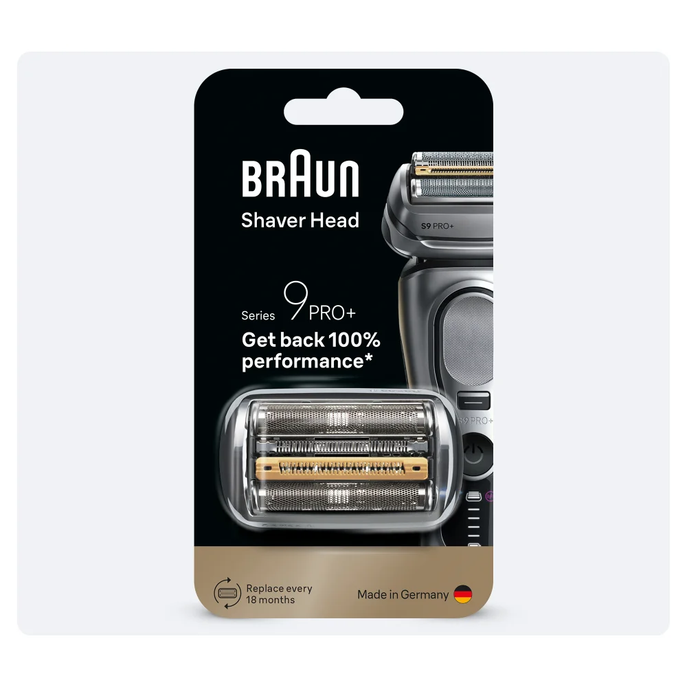 Braun Scherkopf Serie 9 Pro+ Verpackung, bewirbt 100% Leistungsrückgewinnung.