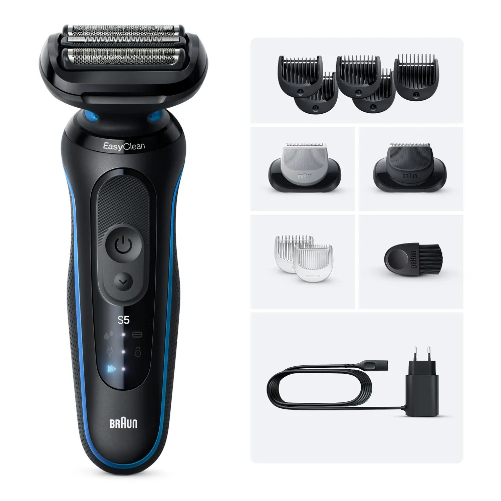 Braun Series 5 Rasierer mit EasyClean und mehreren Styling-Aufsätzen.