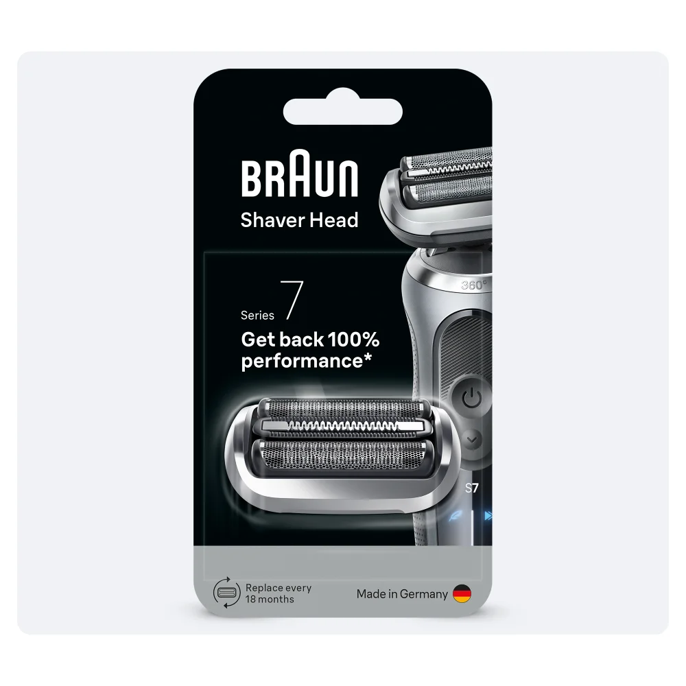 Braun Rasierkopf Serie 7 Verpackung, bewirbt 100% Leistung.