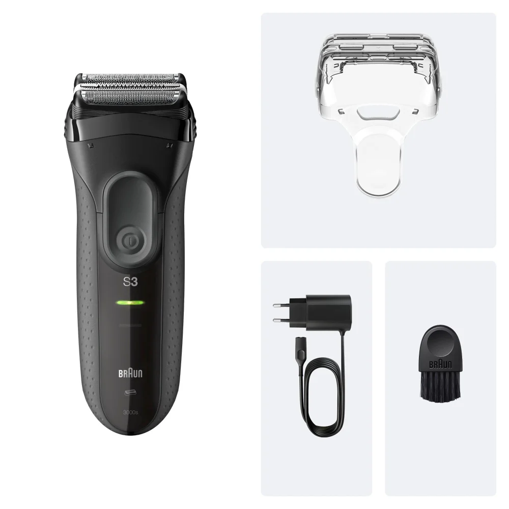 Braun Series 3 Rasierer S3 mit Schutzkappe, Ladegerät und Reinigungsbürste.
