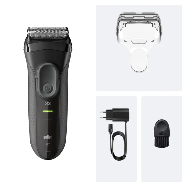 Braun Series 3 Rasierer S3 mit Schutzkappe, Ladegerät und Reinigungsbürste.