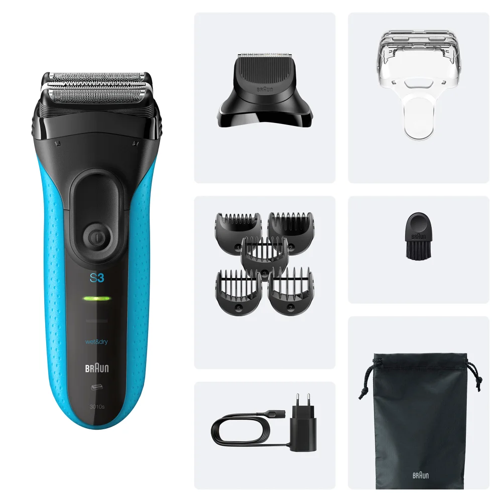 Braun Series 3 3010s Rasierer mit mehreren Aufsätzen und Zubehör.