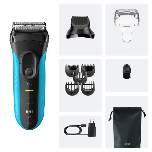 Braun Series 3 3010s Rasierer mit mehreren Aufsätzen und Zubehör.