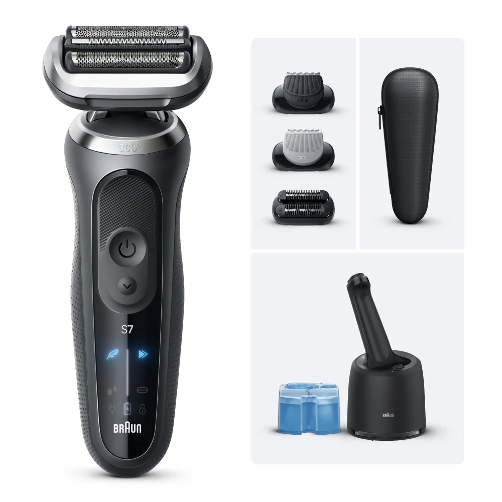 Braun Rasierer Serie 7 mit Ladestation, Aufsätzen & 360° SkinFlex Technologie.