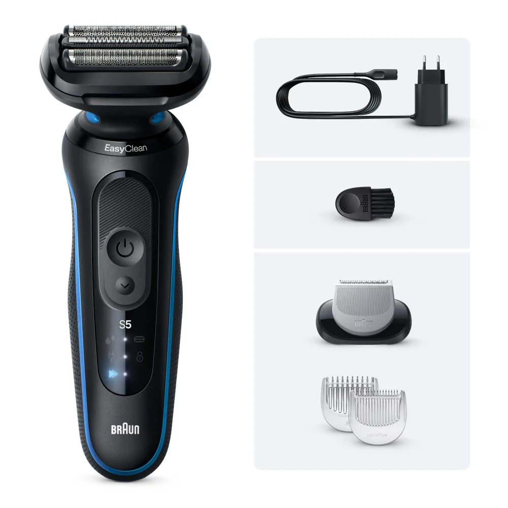 Braun Series 5 Rasierer mit „EasyClean“ und verschiedenen Aufsätzen.