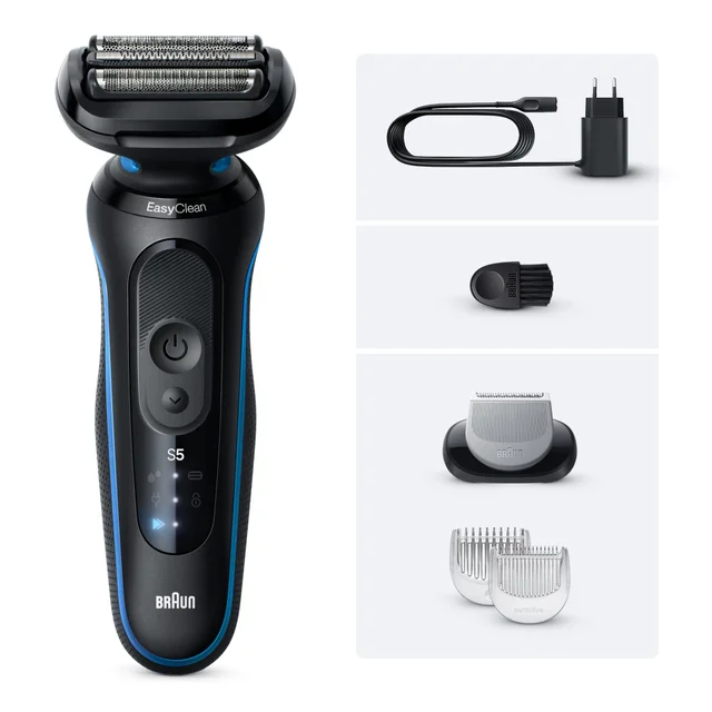 Braun Series 5 Rasierer mit „EasyClean“ und verschiedenen Aufsätzen.