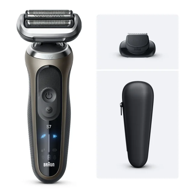 Braun Series 7 Rasierer in Verpackung, bewirbt effiziente & sanfte Rasur.