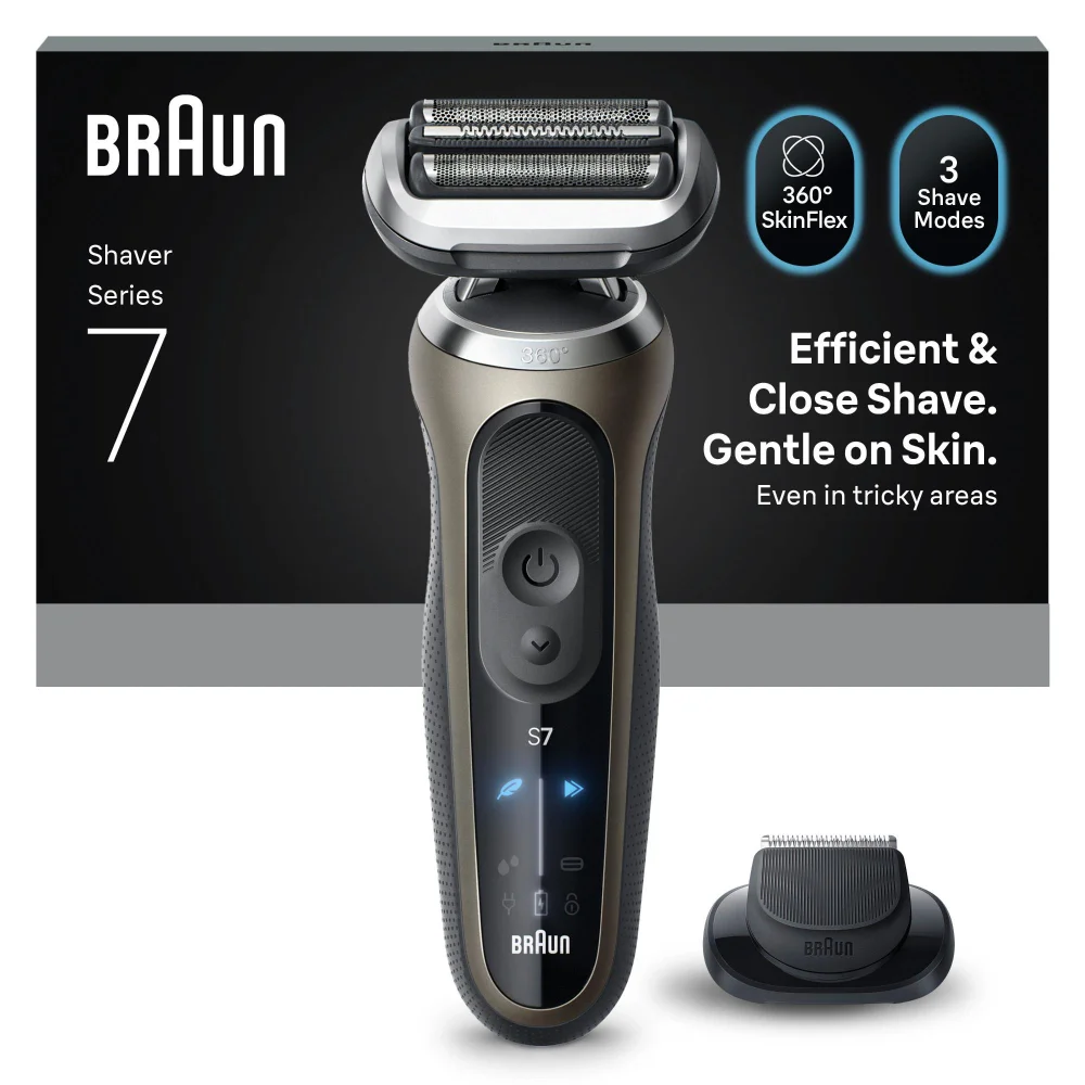 Braun Series 7 Rasierer in Verpackung, bewirbt effiziente & sanfte Rasur.
