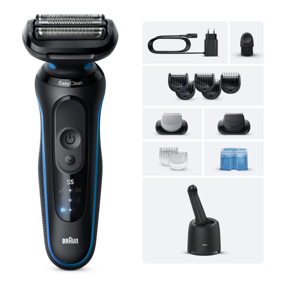 Braun Series 5 EasyClean Rasierer mit Ladestation und vielseitigem Zubehör.