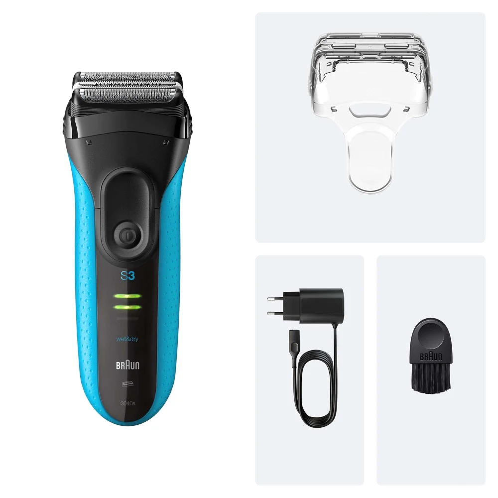 Braun Series 3 3040s Wet&Dry Rasierer mit Zubehör wie Ladegerät und Reinigungsbürste.