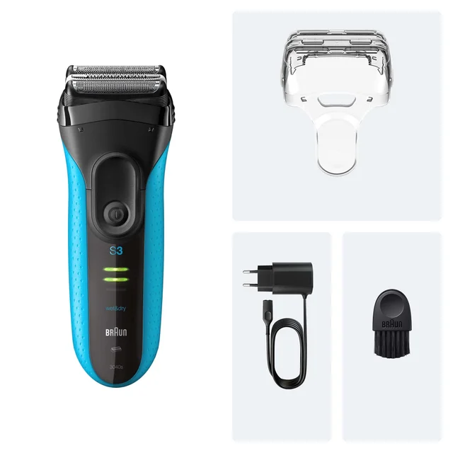 Braun Series 3 3040s Wet&Dry Rasierer mit Zubehör wie Ladegerät und Reinigungsbürste.