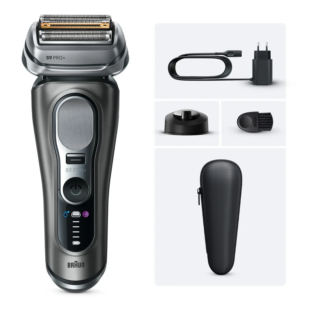 Braun S9 Pro+ Rasierer mit Ladekabel, Ladestation, Reinigungsbürste und Reiseetui.