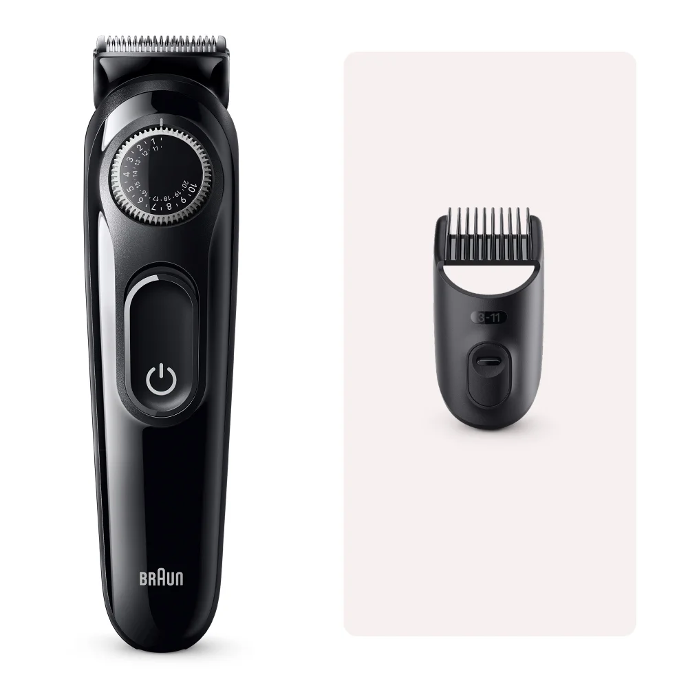 Braun Barttrimmer mit Einstellrad für Längen und 3-11mm Kammaufsatz.