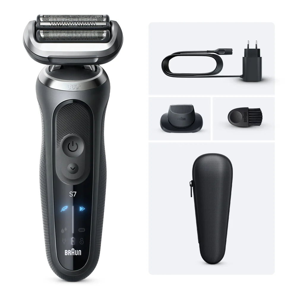 Braun Series 7 Rasierer mit Ladegerät, Trimmeraufsatz und Reiseetui.