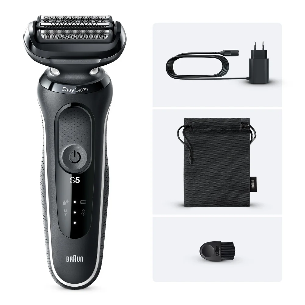Braun Series 5 Rasierer mit EasyClean Funktion, Ladegerät, Beutel und Reinigungsbürste.