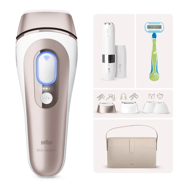 Braun Skin i-expert IPL-Gerät mit Zubehör: Rasierer, Aufsätze, Koffer.