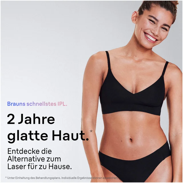 Braun IPL: 2 Jahre glatte Haut, beworben an lächelnder Frau.