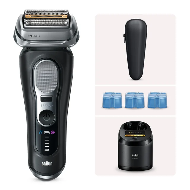 Braun Series 9 Pro+ Rasierer mit Reinigungsstation und Zubehör.