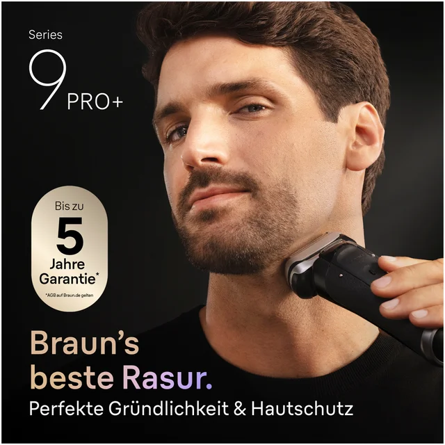 Braun Series 9 PRO+ Rasierer im Einsatz: 5 Jahre Garantie für Gründlichkeit & Hautschutz.