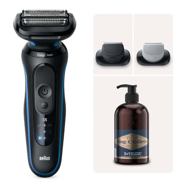 Braun Series 5 Body Groomer 52-B1650s Blue + King C. Gillette 3-in-1 Bart-, Gesichts- und Haarwaschgel für Männer, 350 ml