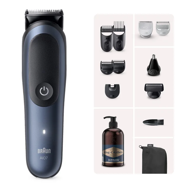 Braun AI07 Trimmer mit Aufsätzen für Bart, Körper, Rasur und King C. Gillette Produkt.