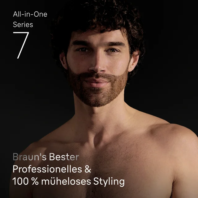Mann mit Bart demonstriert müheloses Styling des Braun All-in-One Series 7.