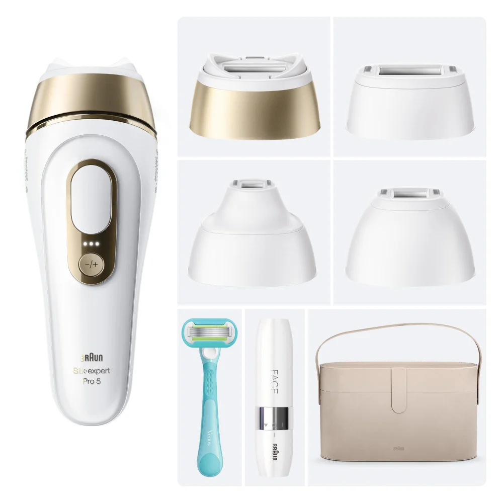 Braun Silk-expert Pro 5 IPL-Gerät mit verschiedenen Aufsätzen, Rasierer, Gesichts-Epilierer und Tasche.
