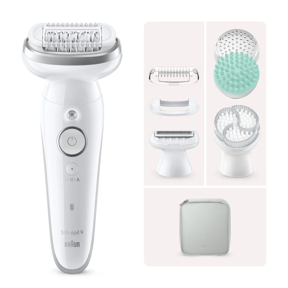Braun Silk-épil 9 Epilierer mit verschiedenen Aufsätzen und Reisetasche.