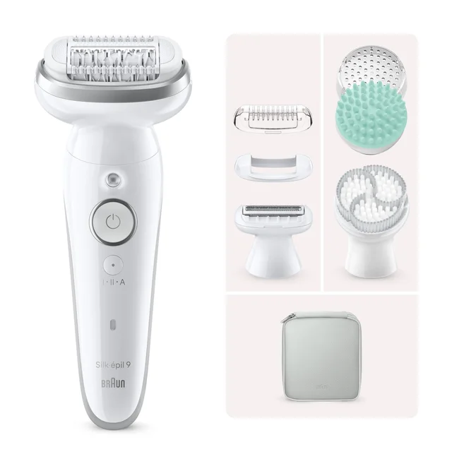 Braun Silk-épil 9 Epilierer mit verschiedenen Aufsätzen und Reisetasche.