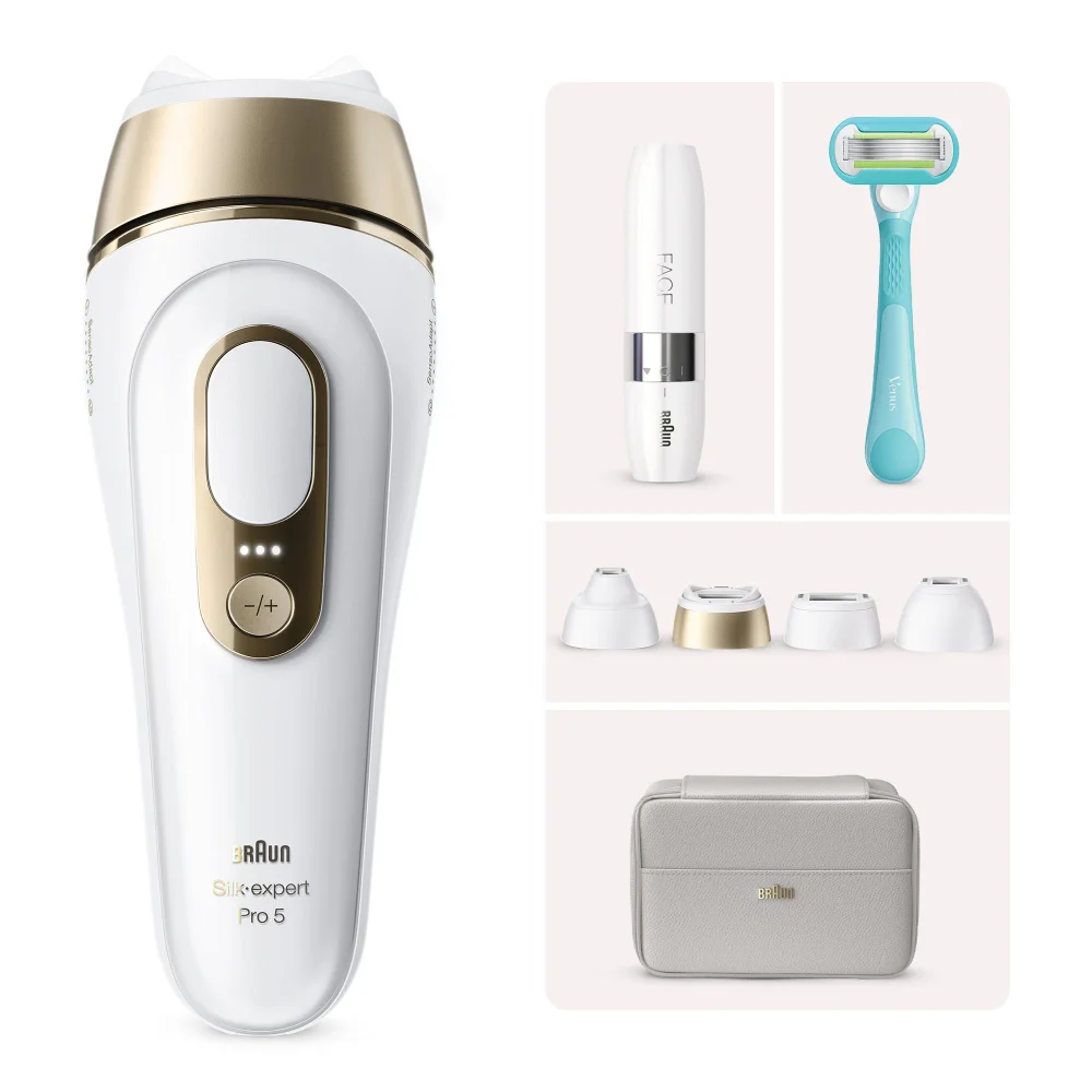Braun Silk-expert Pro 5 IPL mit Präzisionsaufsätzen, Gesichtsepilierer, Rasierer und Tasche.
